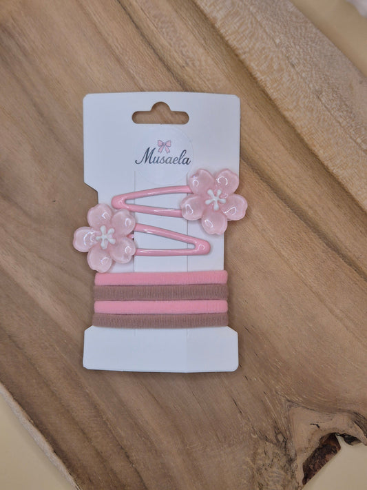 Haarspange mit Rosa Blume und Haargummis Set