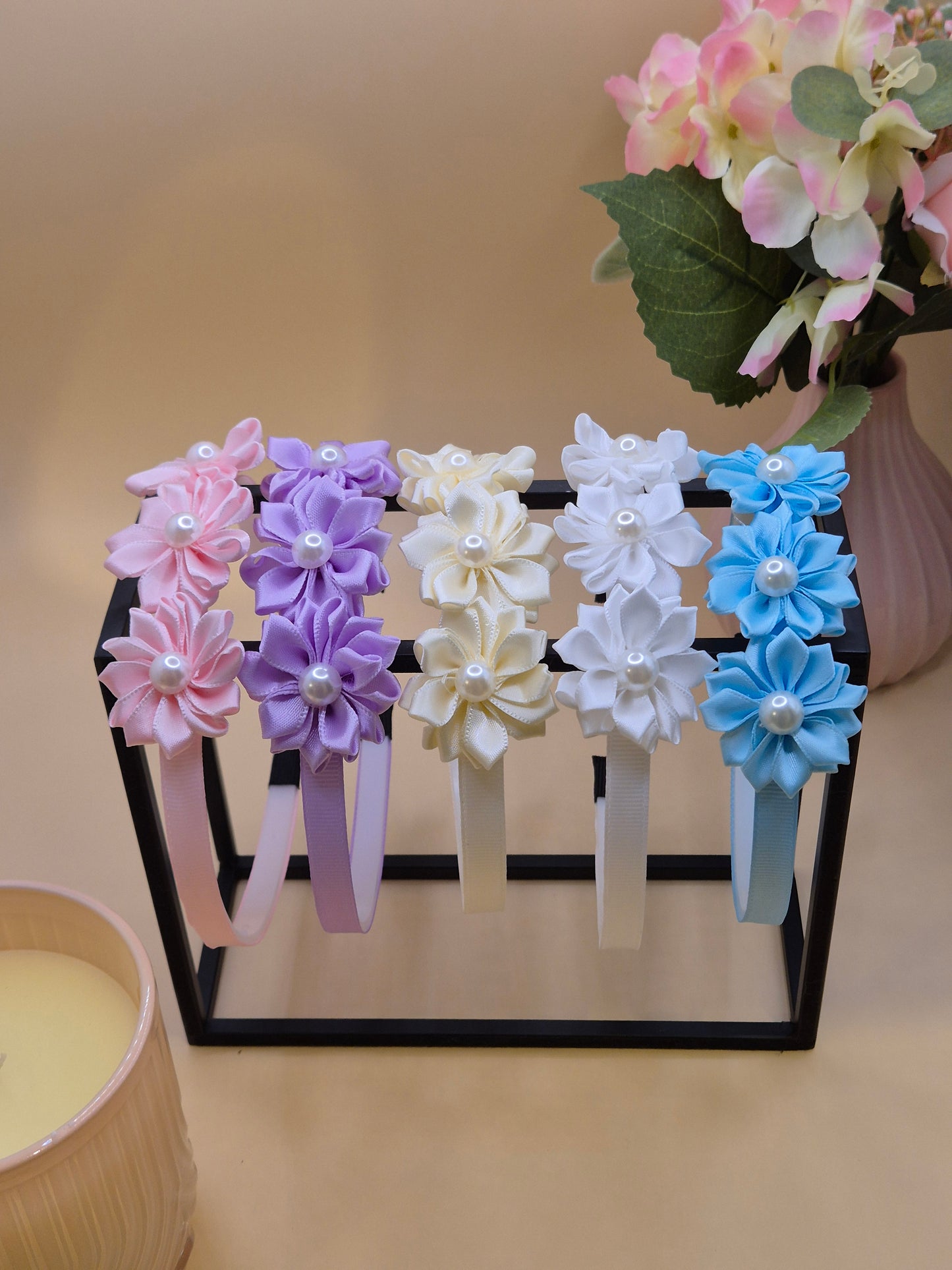 Haarreif mit 3 Blumen mit Perlen
