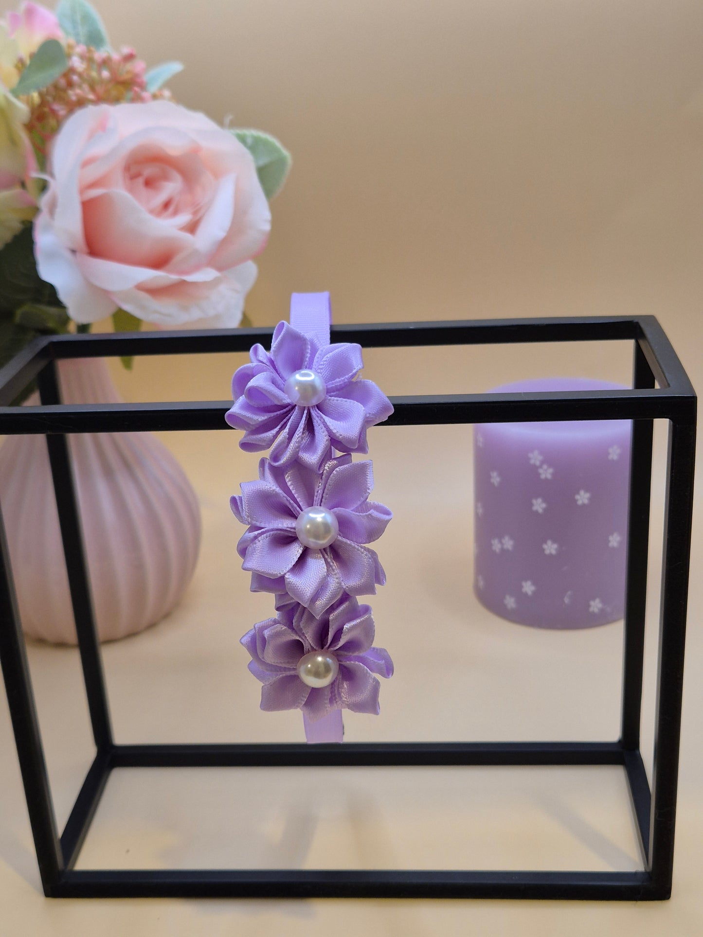 Haarreif mit 3 Blumen mit Perlen