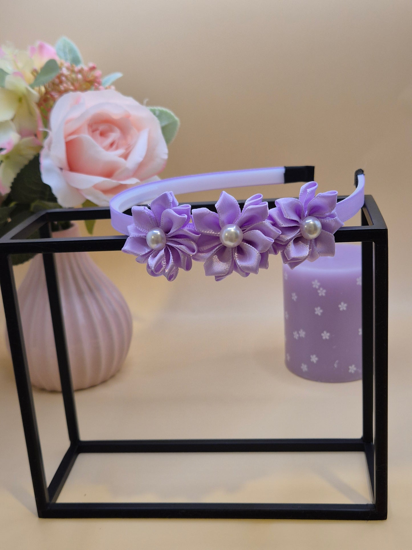Haarreif mit 3 Blumen mit Perlen