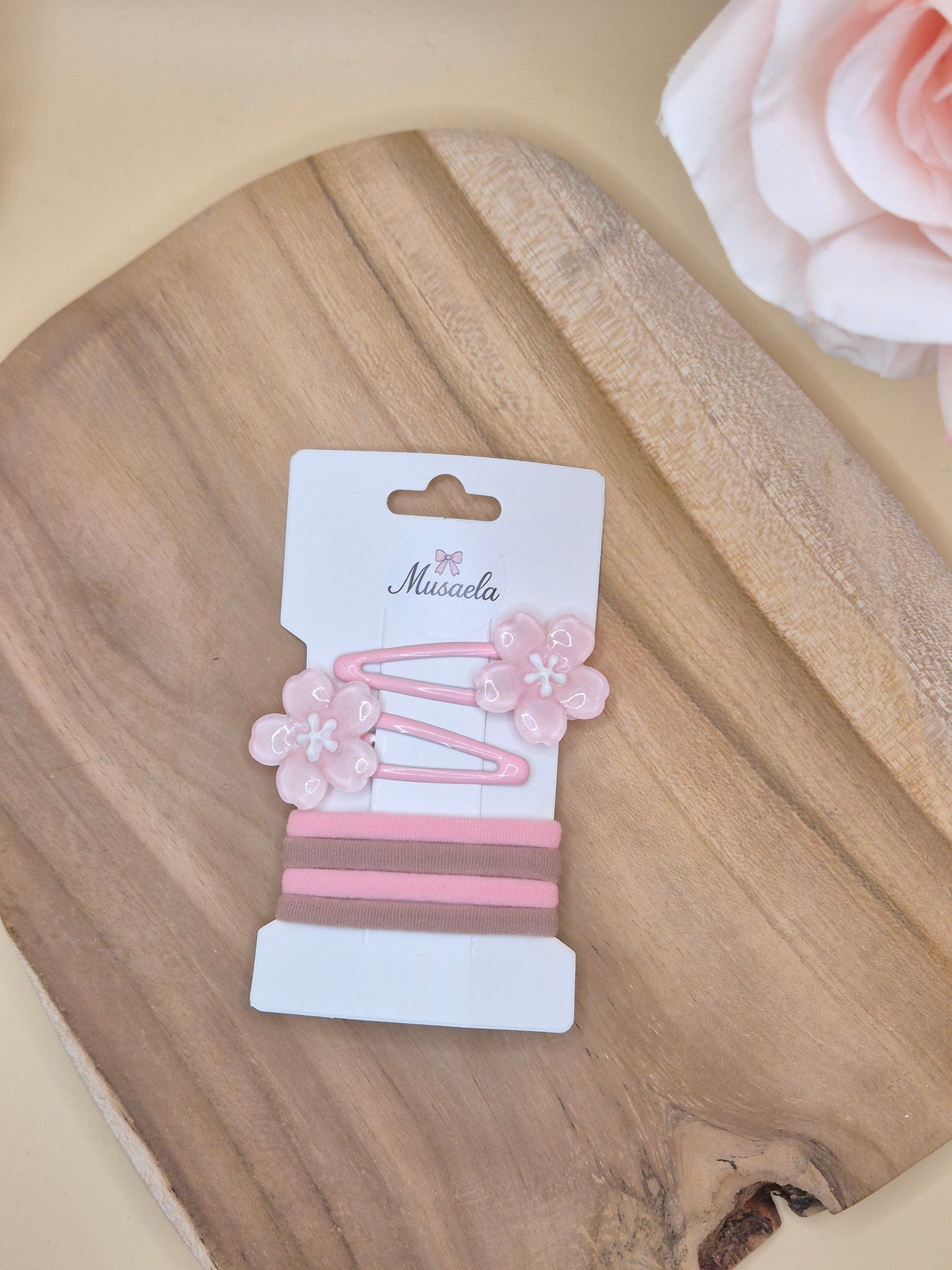 Haarspange mit Rosa Blume und Haargummis Set