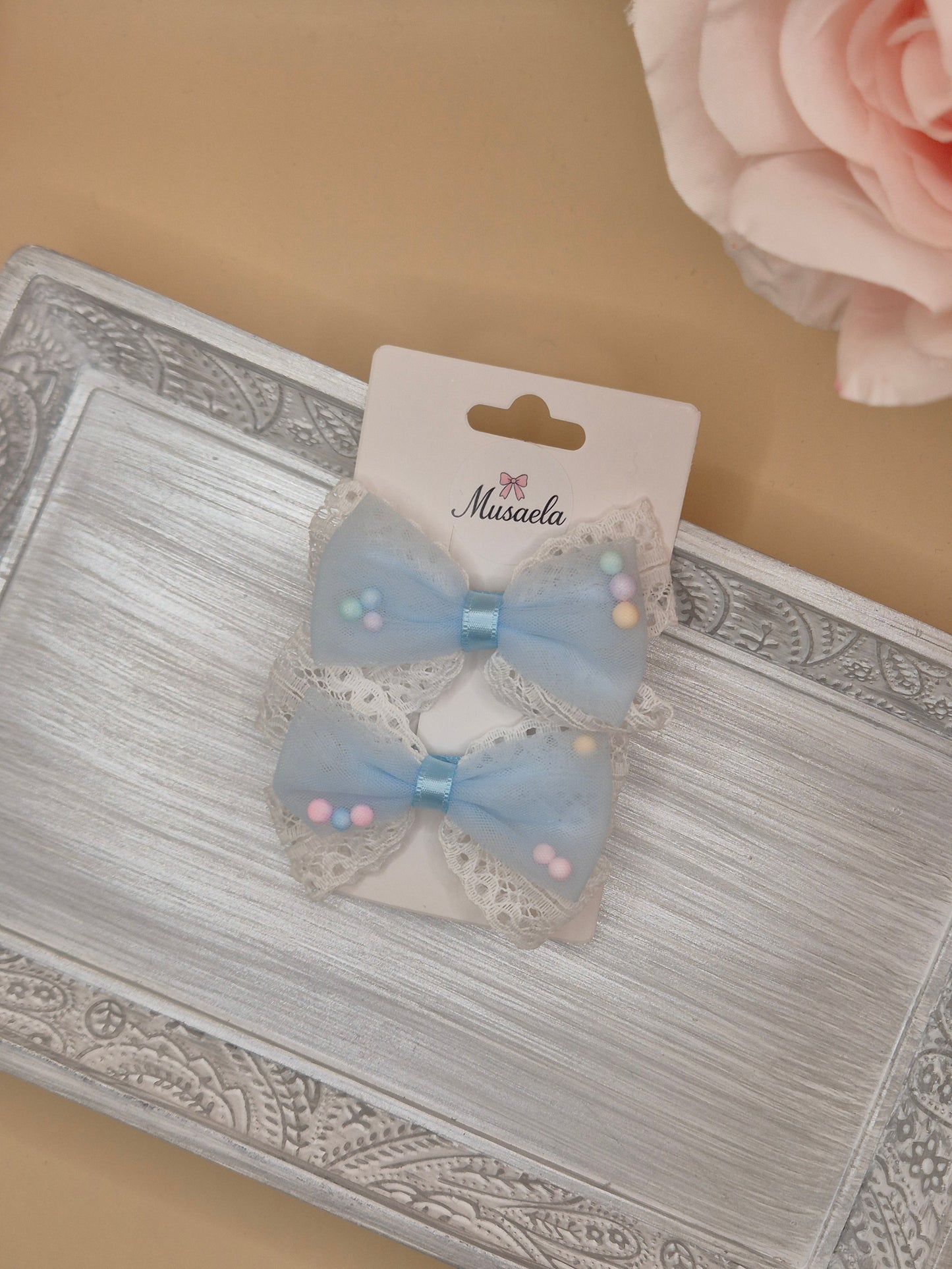 2er Set Haarspangen mit Schleife, Spitze und bunten Kügelchen