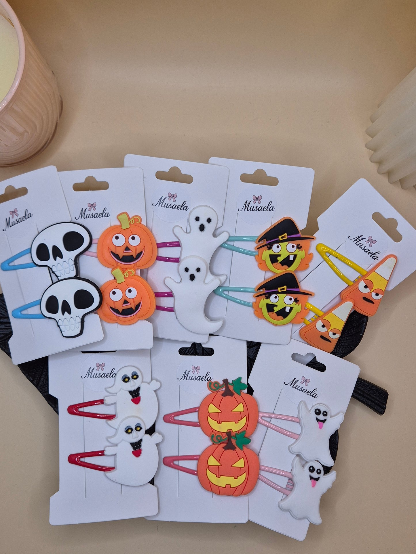 Halloween Haarspangen Kürbis, Geist, Candy Corn, Hexe & Totenkopf